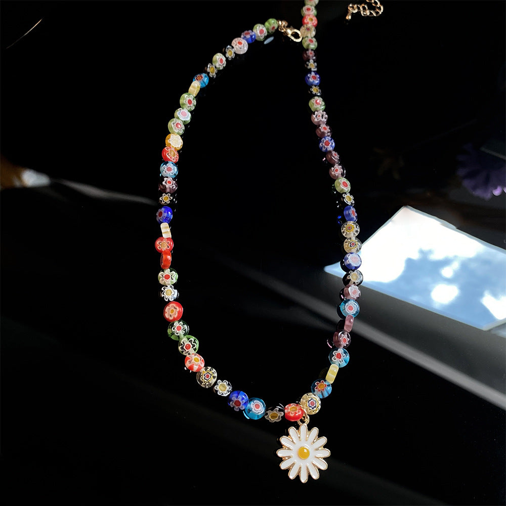 Wholesale Colorful Glass Bead Sunflower Pendant  Necklaces